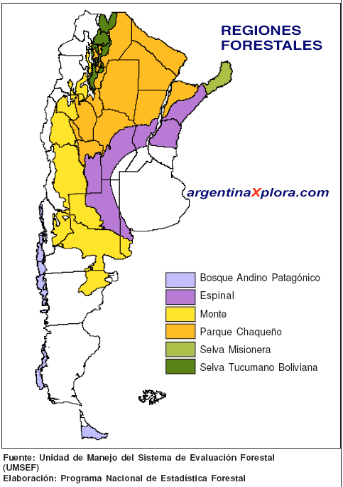 Mapa de las Regiones forestales de Argentina