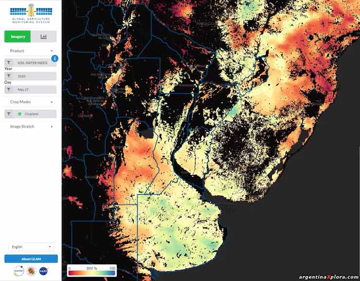 Fotografía de la NASA monitoreando el grado de humedad del suelo para cultivos. Satélte NASA Harvest .2020