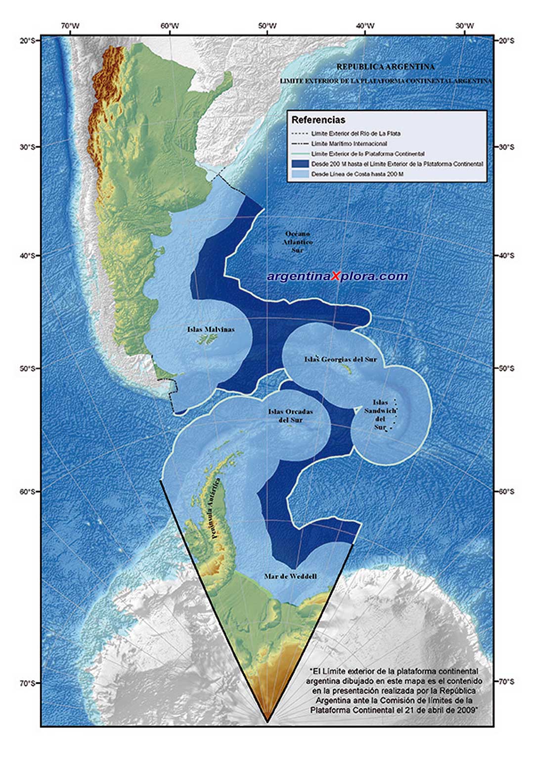 Mapa de Límite exterior de la Plataforma Continental Argentina