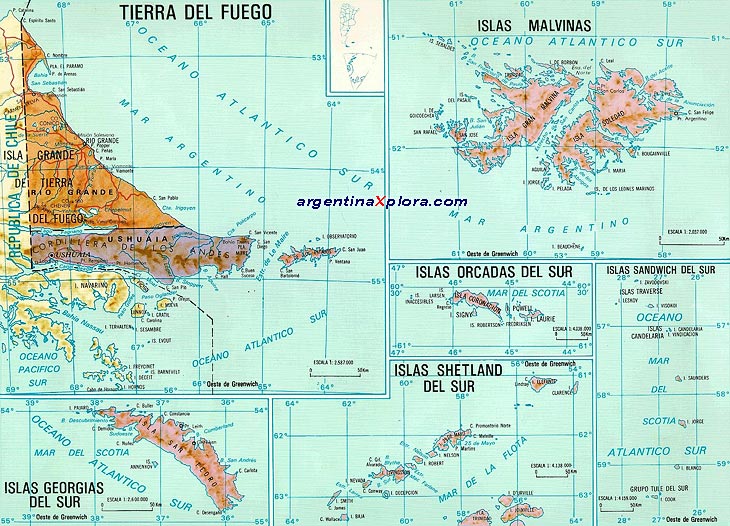 Mapa de Tierra del Fuego e Islas Marlvinas, Georgias del Sur, Orcadas del Sur, Sandwich del sur y Orcadas del Sur