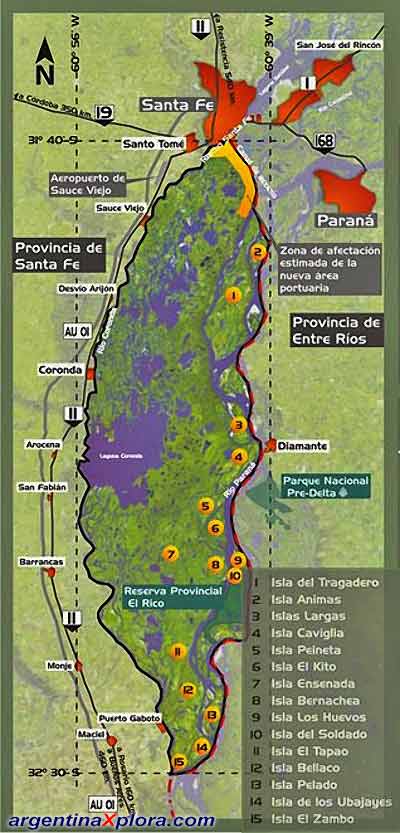 mapa Nombres de las Islas que comprenden el Parque Nacional Islas de Santa Fe y localidades cercanas de Santa Fe 