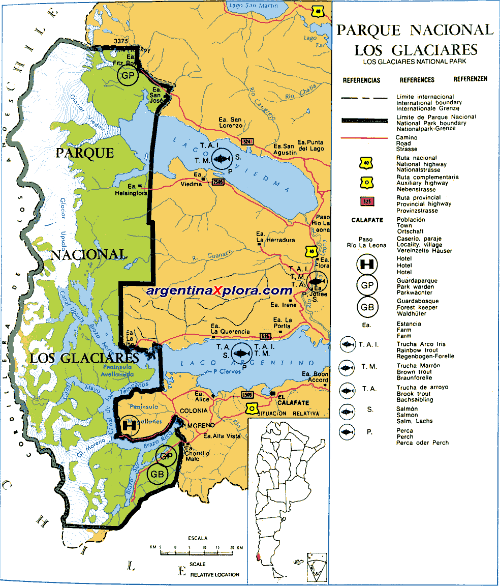 Caminos, puntos de pesca y alojamientos dentro del Parque Nacional Los Glaciares