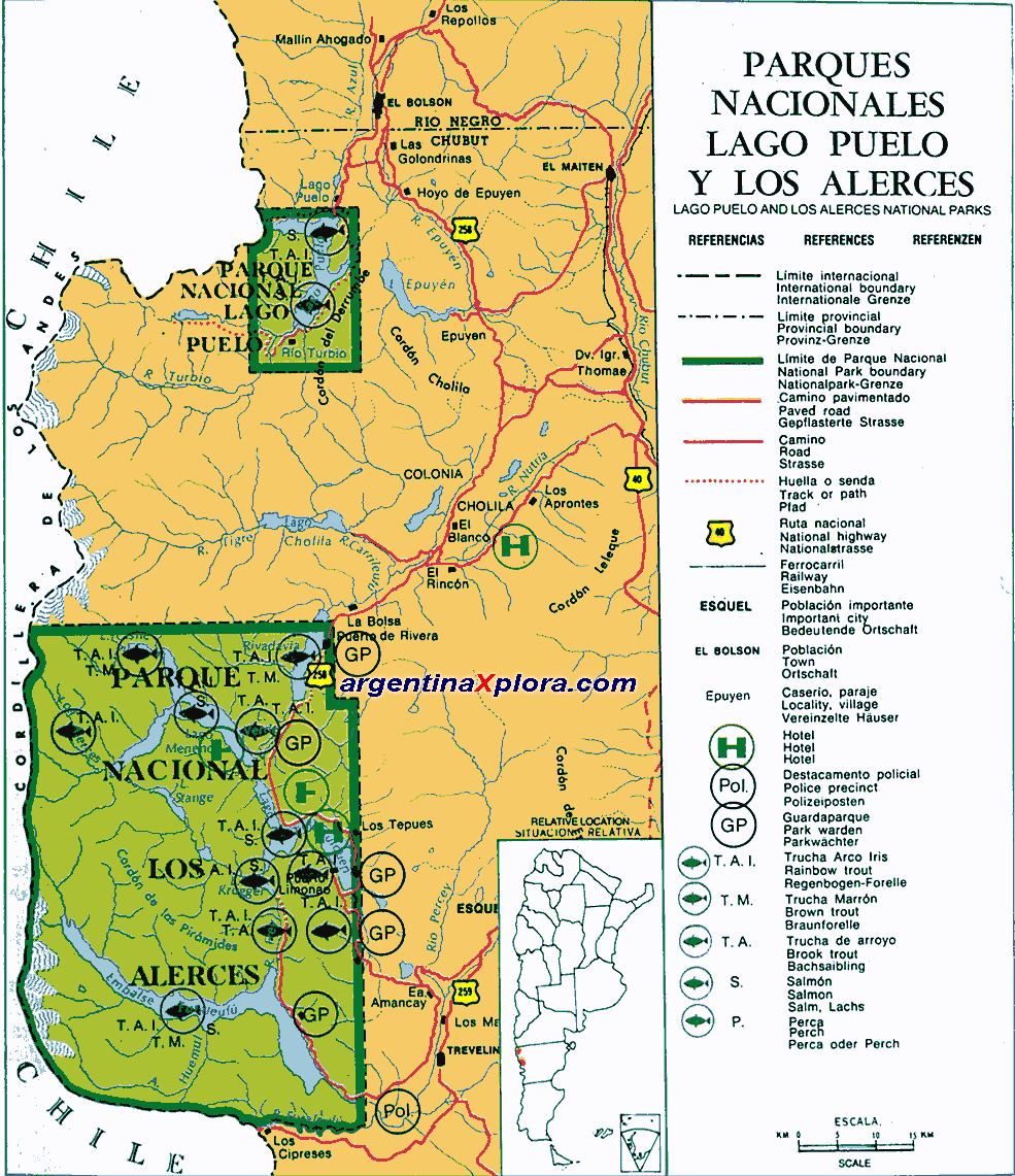 Mapa de Pesca del Parques Nacionales Lago Puelo y Parque Nacional Los Alerces - Chubut