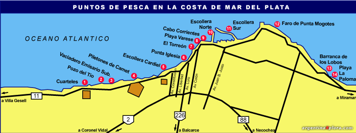 Mapa de puntos de pesca en la costa de Mar del Plata