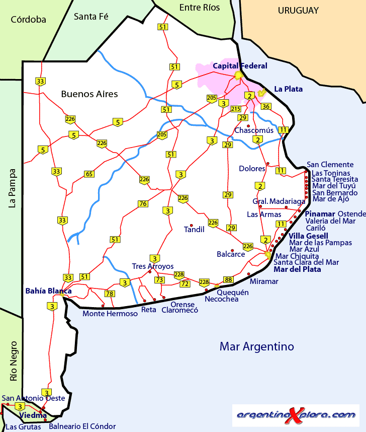 Mapa de playas de Argentina - Costa Atlántica