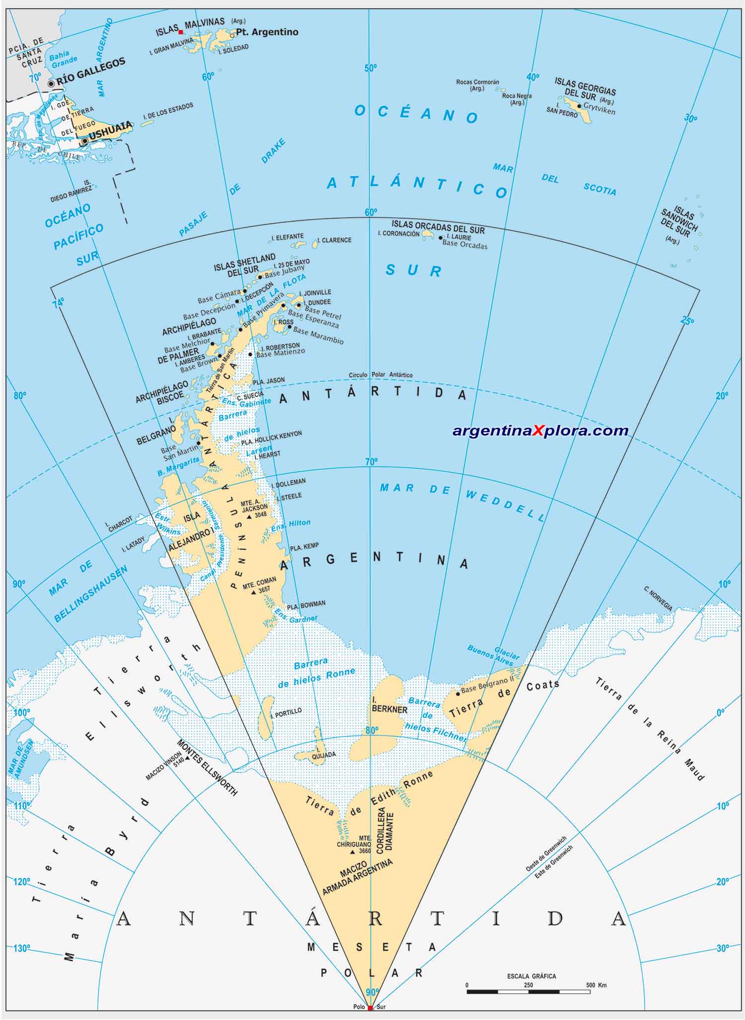 Mapa del Territorio Antártico argentino. Islas del Atlántico Sur y bases antárticas