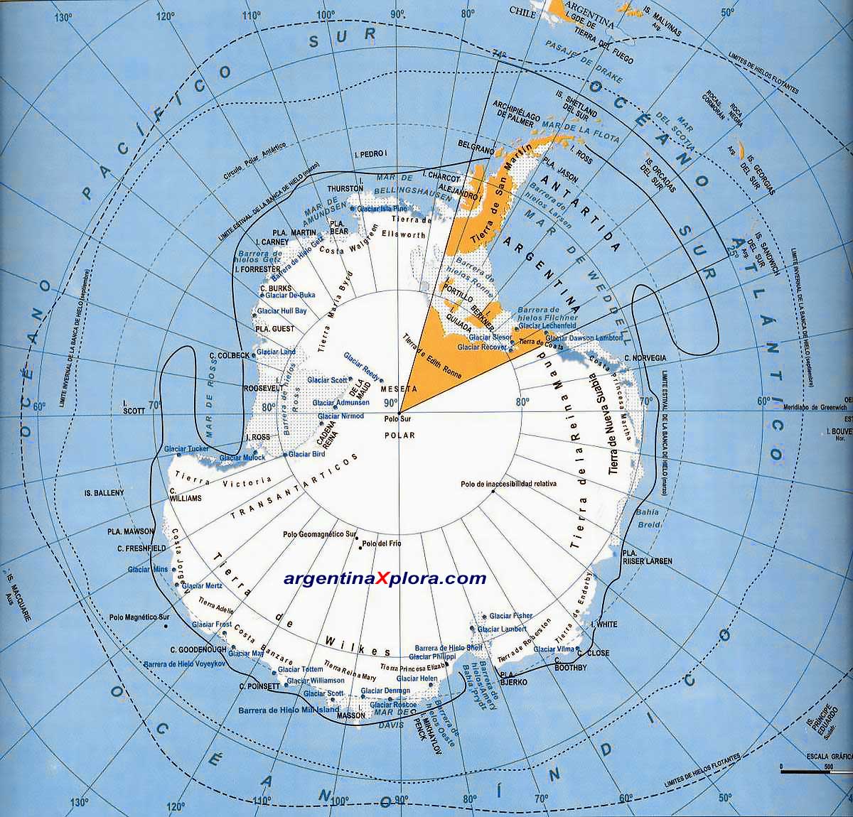 Mapa del Continente Antártico y Circunnavegación -Límites de las barreras de hielo y de hielos flotantes. Polo Sur y Polo Geomagnético Austral 