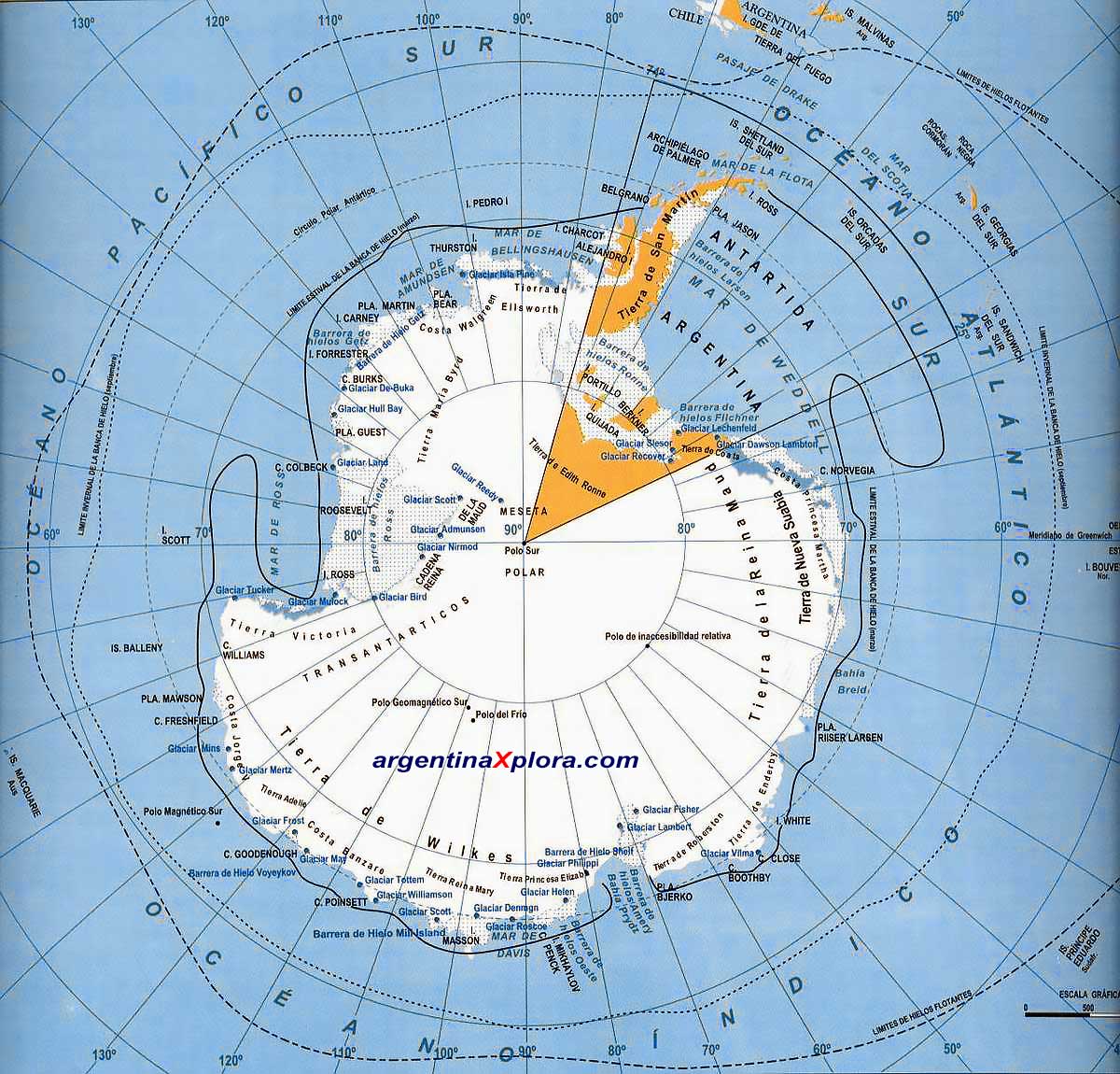 Mapa del Continente Antártico y Circunnavegación -Límites de las barreras de hielo y de hielos flotantes. Polo Sur y Polo Geomagnético Austral