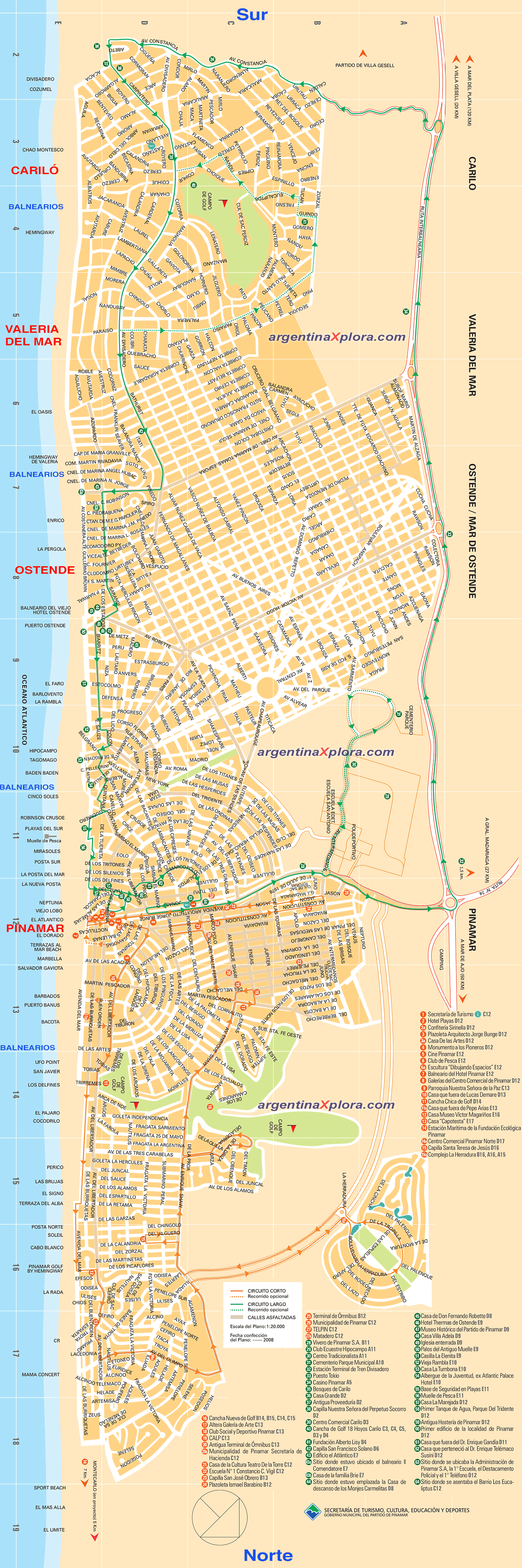 Mapa plano de la costa y calles de Pinamar - Ostende - Valeria del Mar y Cariló. Balnearios, atractivos y circuitos turísticos