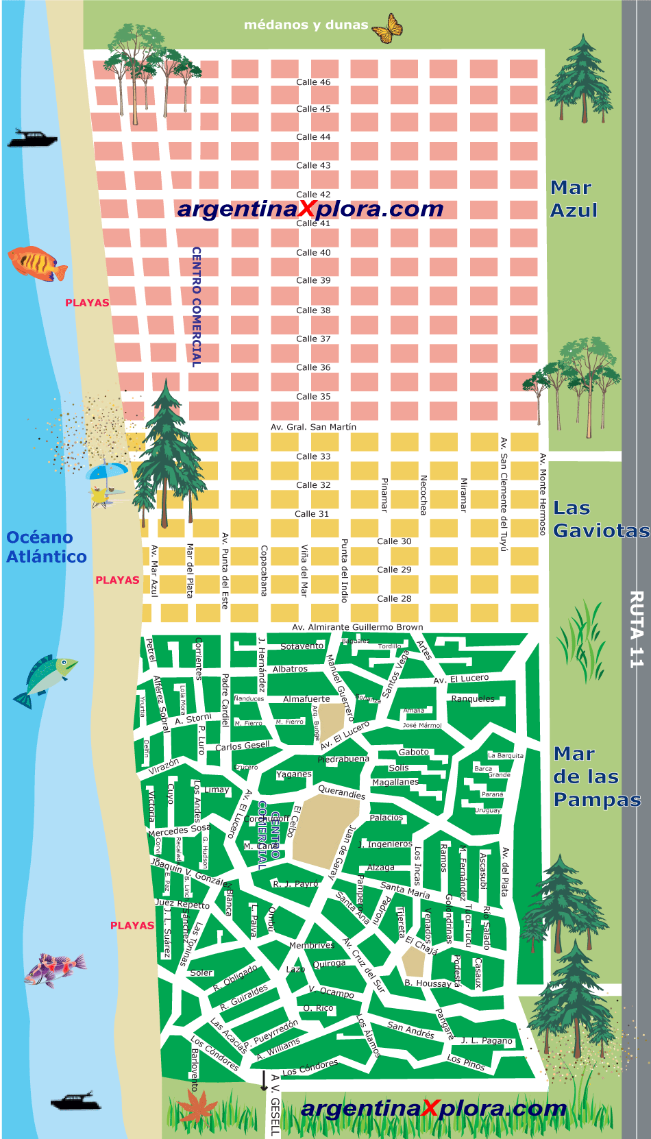 Mapa Plano de Mar de las Pampas Playa, Mar Azul y Las Gaviotas