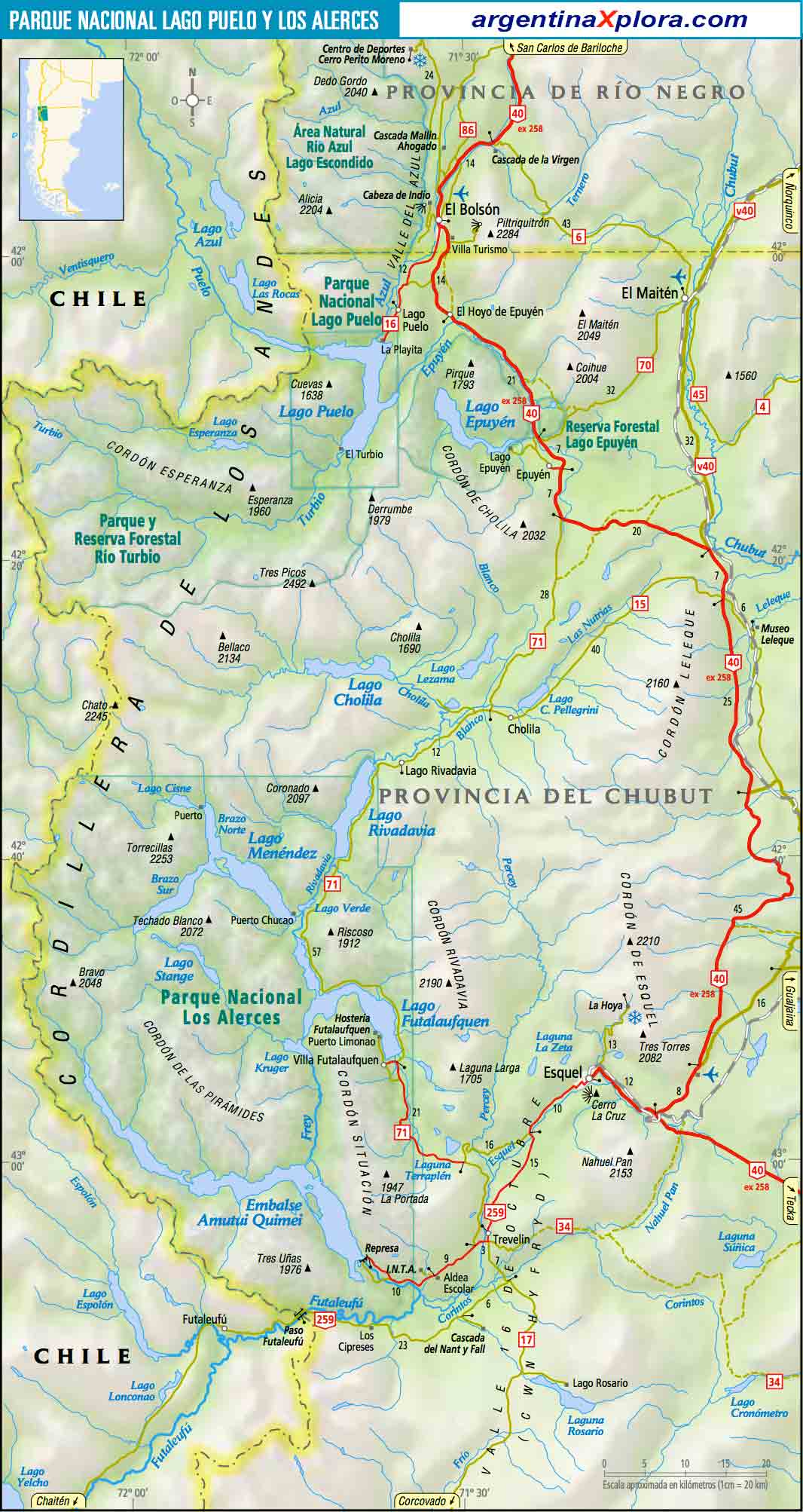 Mapa de las Comarcas al sur del Paralelo 42º /43º . Esquel, Parque Nacional Los Alerces y el Lago Puelo - Chubut - Rutas y Localidades.