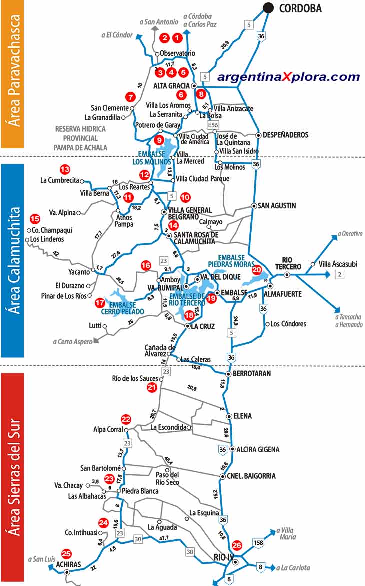 Mapa de Rutas y Localidades del Circuito: Camino de los Grandes Lagos y Comechingones Paravachasca - Calamuchita - Sierras del Sur - Cordoba