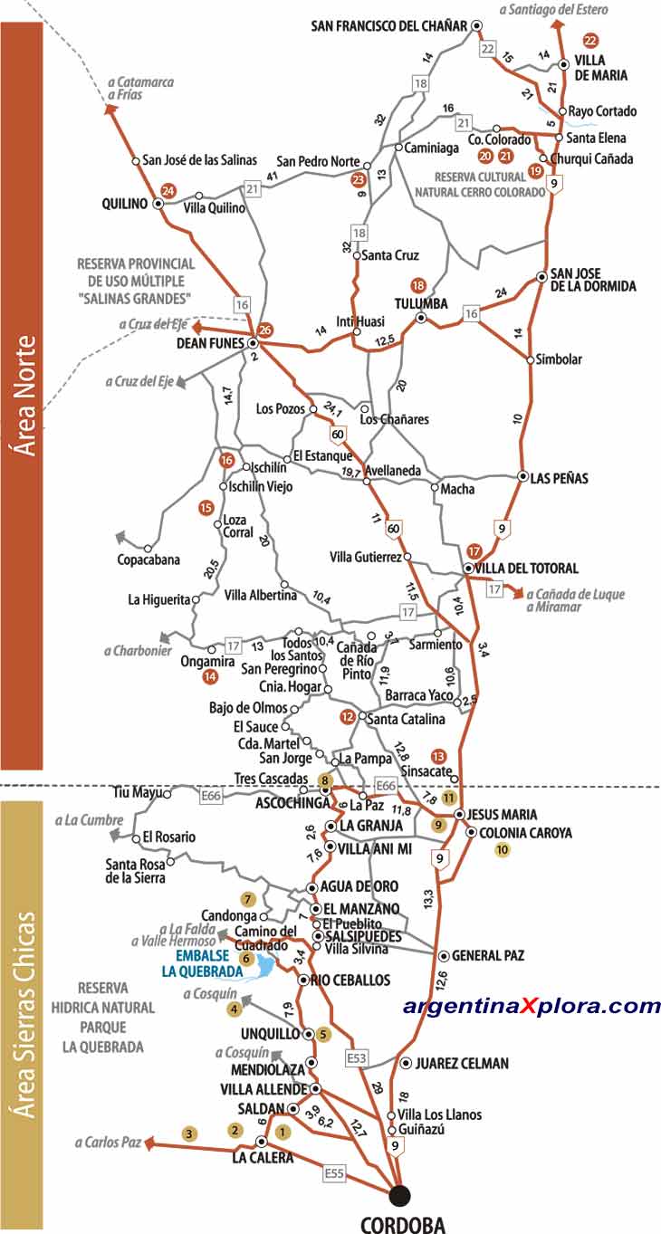 Mapas de rutas y localidades del Camino de la Historia - Centro Norte de Córdoba y Sierras Chicas. Provincia de Córdoba