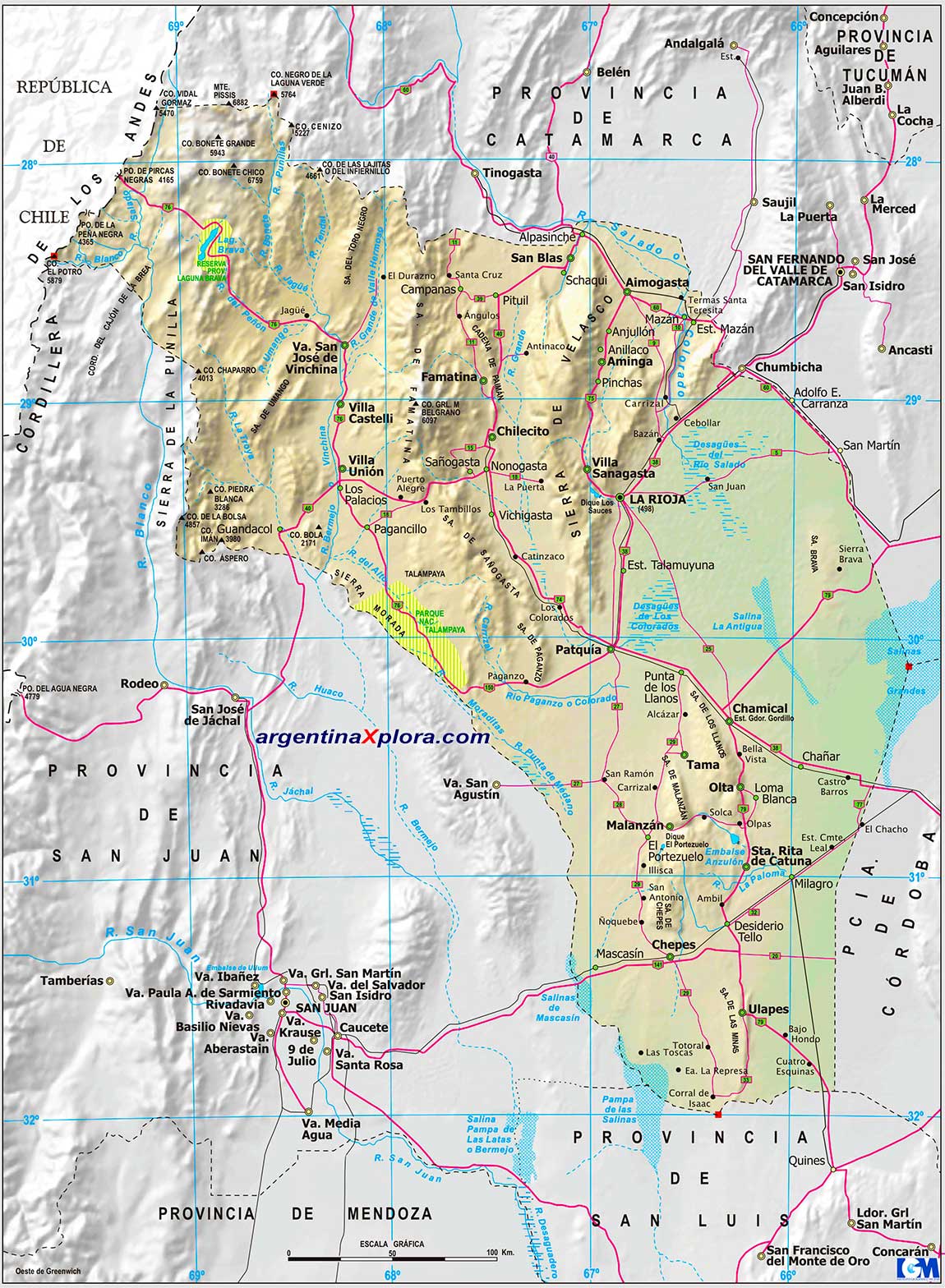 Mapa de la Provincia de La Rioja. Rutas y Localidades. Argentina