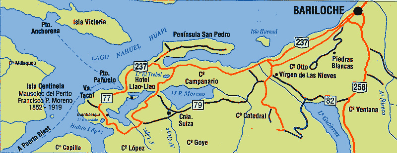Mapa de rutas y localidades cercanas a Bariloche