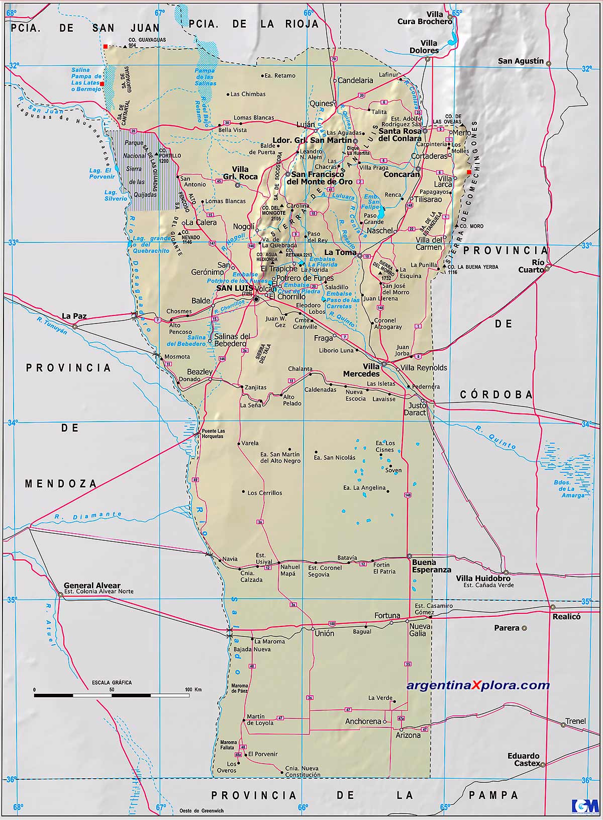Mapa de la Provincia de San Luis - Mapa de rutas y localidades Argentina
