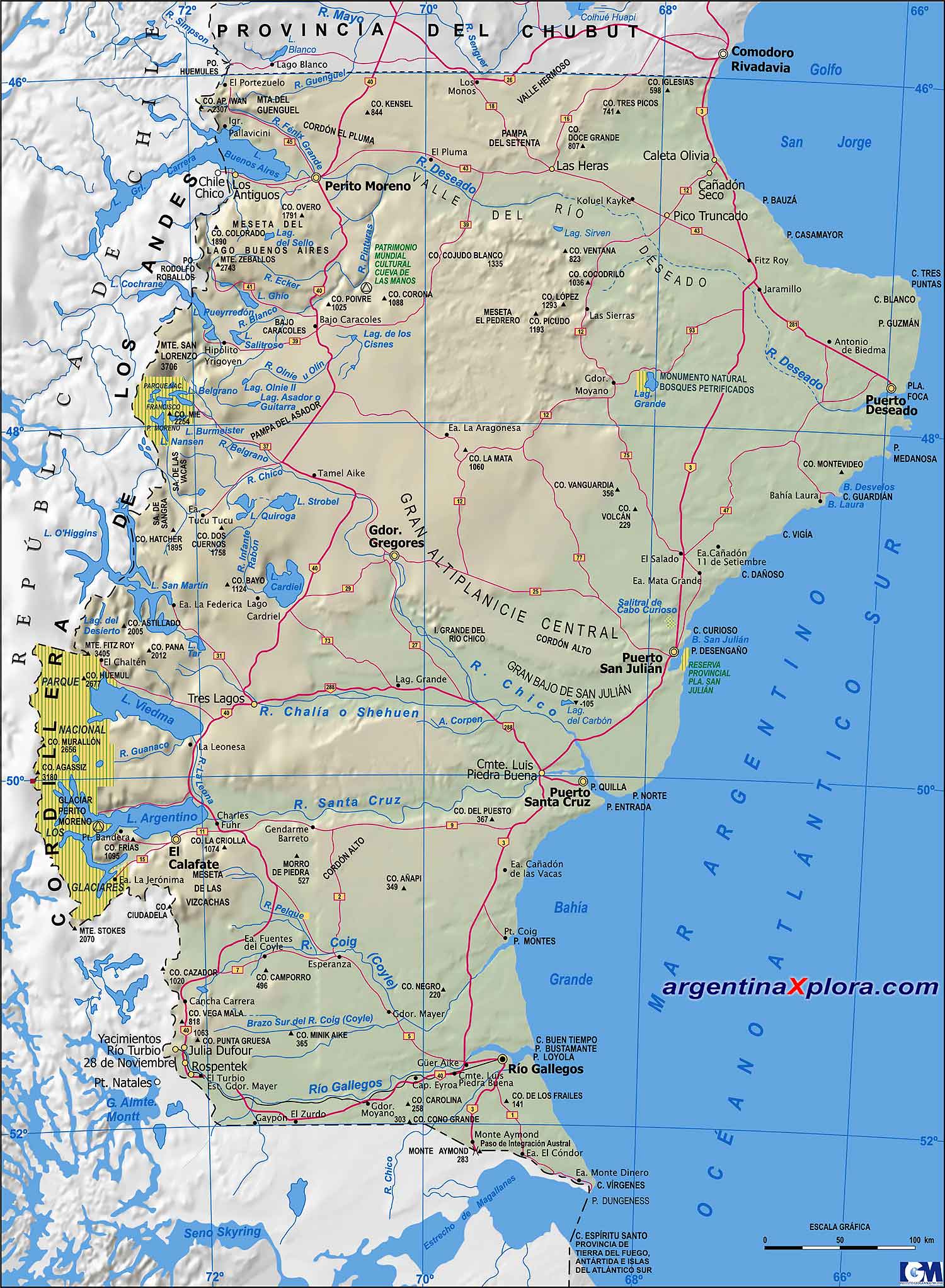 Mapa de rutas y localidades de la Provincia de Santa Cruz