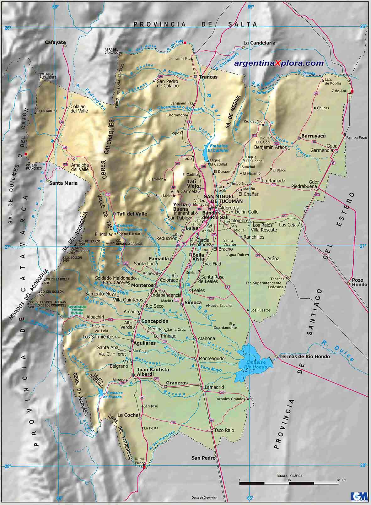 Mapa de rutas y localidades de la Provincia del Tucumán